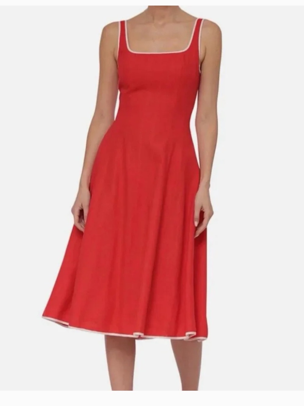 7 For All Mankind Red linen blend Midi Dress with White Trim